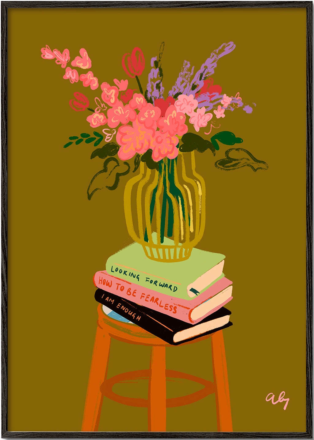 Botanisk poster: vas med blommor på böcker
