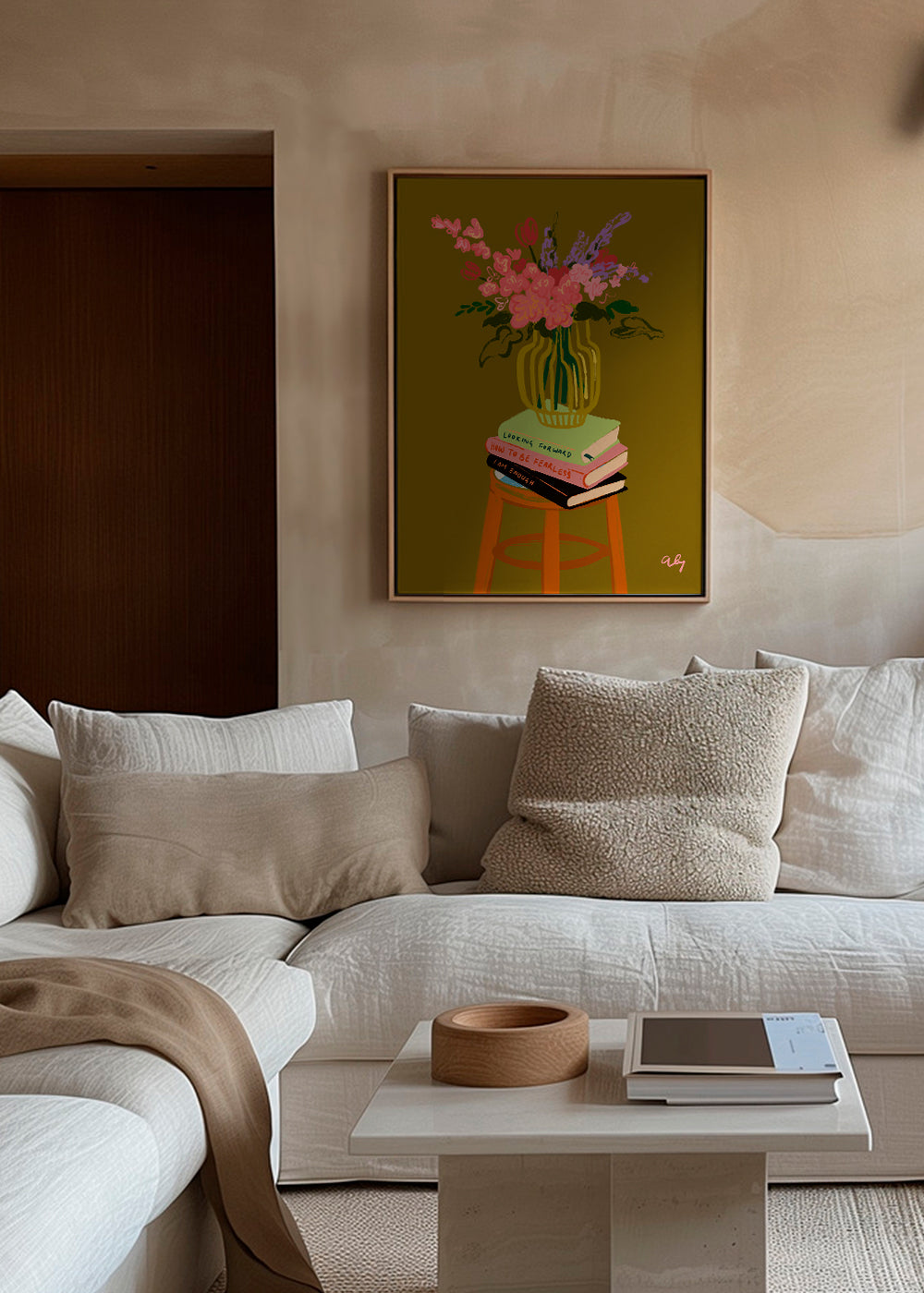 Botanisk poster: vas med blommor på böcker