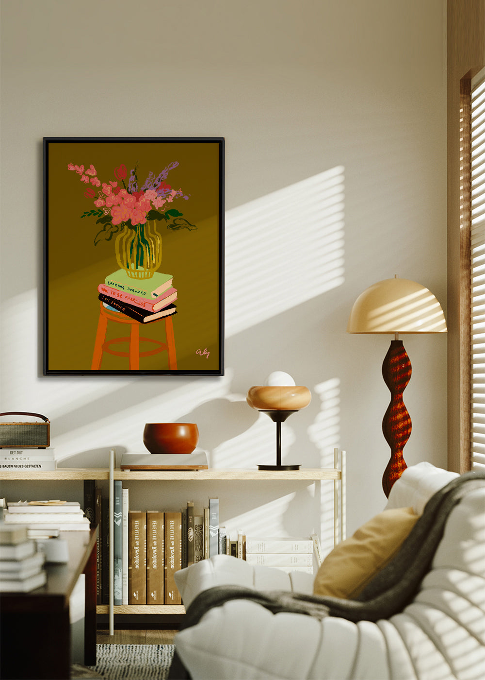 Botanisk poster: vas med blommor på böcker