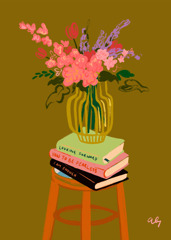 Botanisk poster: vas med blommor på böcker