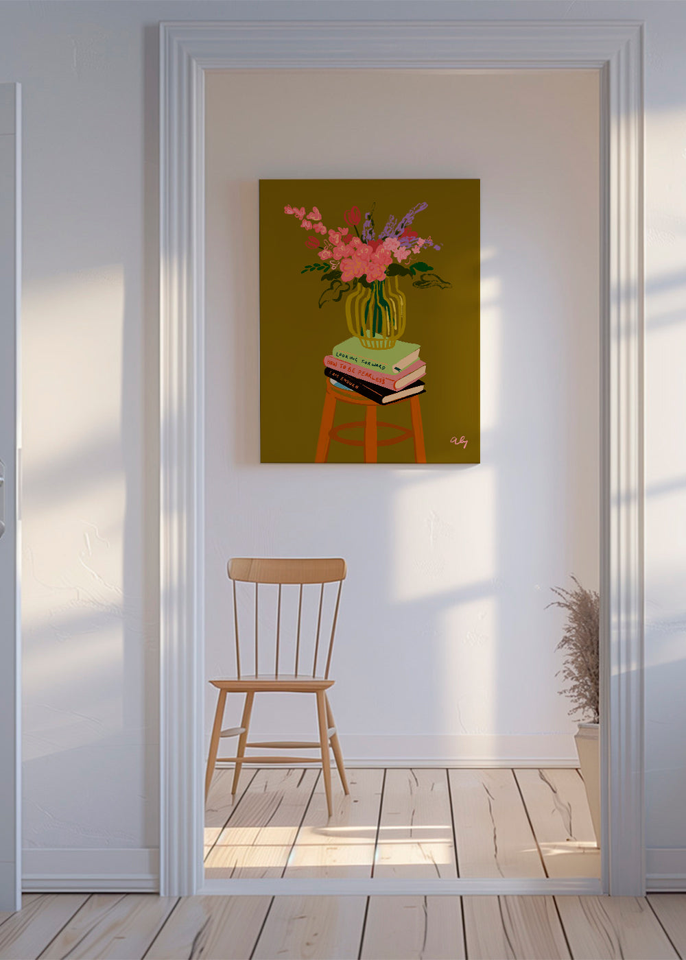 Botanisk poster: vas med blommor på böcker