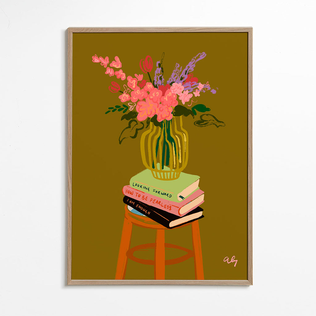 Botanisk poster: vas med blommor på böcker