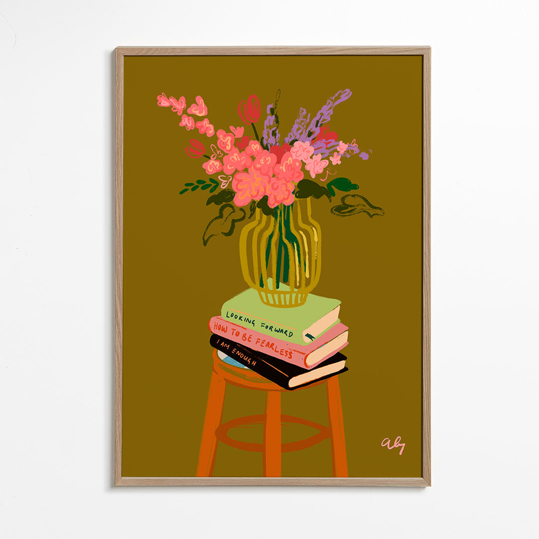 Botanisk poster: vas med blommor på böcker