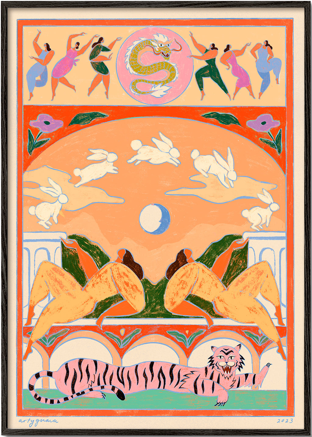 Illustration: rosa tiger med lekfulla kaniner
