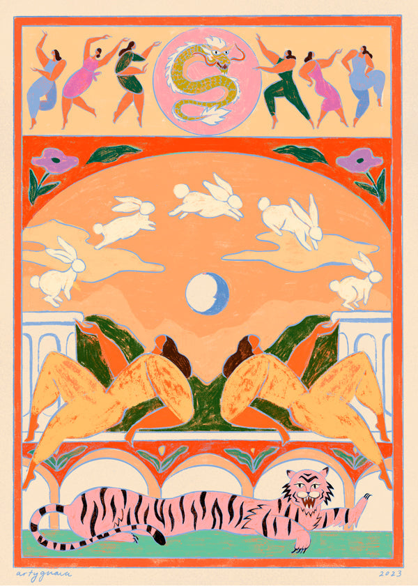 Illustration: rosa tiger med lekfulla kaniner