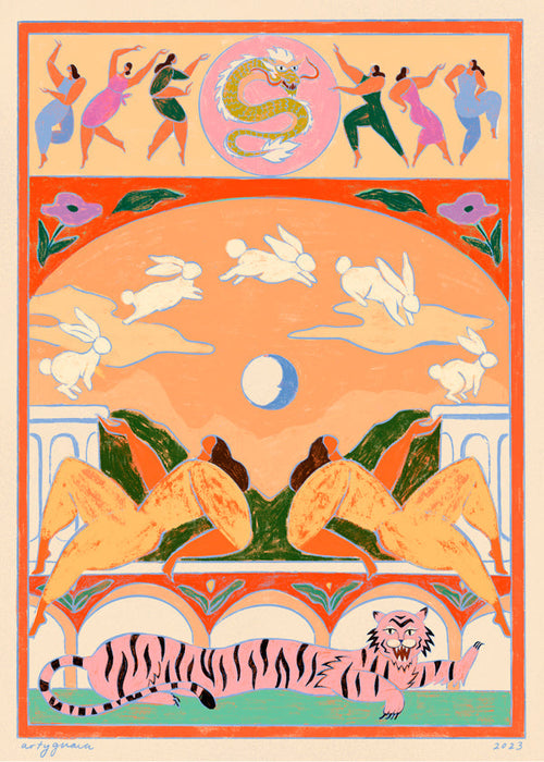 Illustration: rosa tiger med lekfulla kaniner