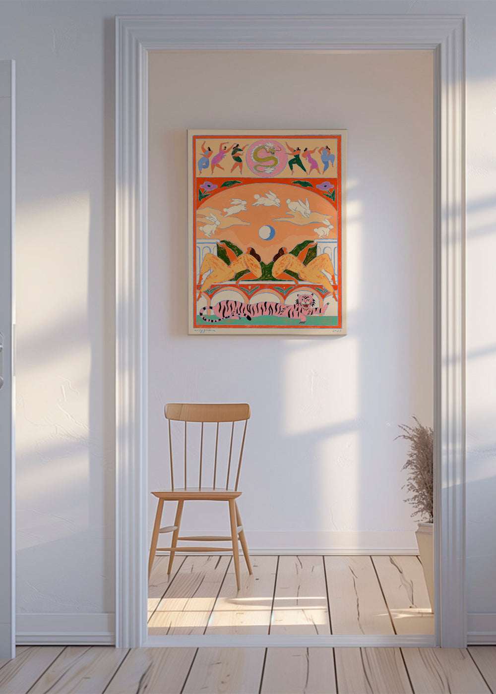 Illustration: rosa tiger med lekfulla kaniner