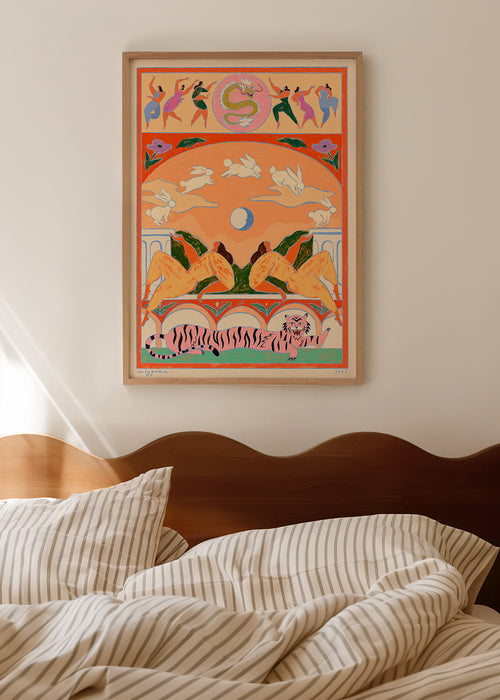 Illustration: rosa tiger med lekfulla kaniner