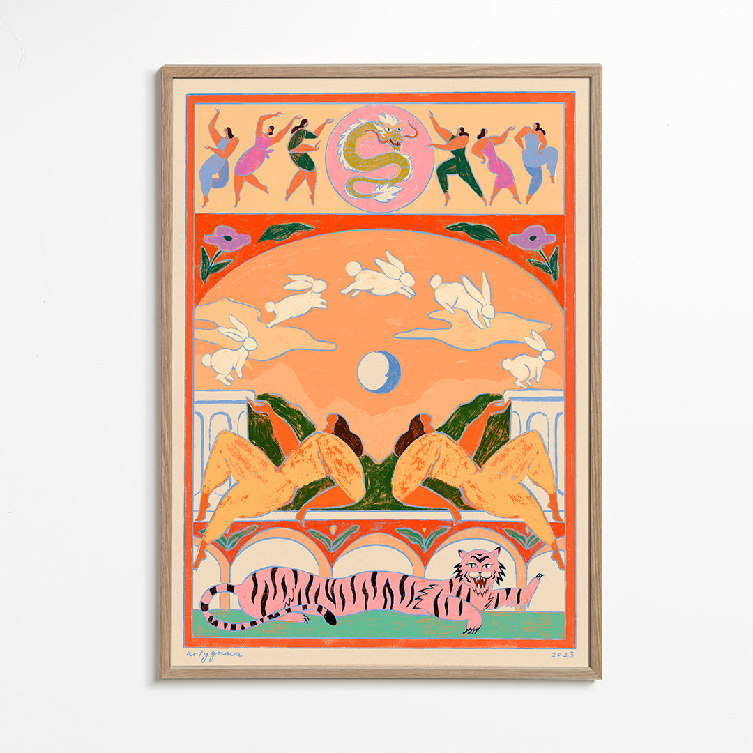 Illustration: rosa tiger med lekfulla kaniner