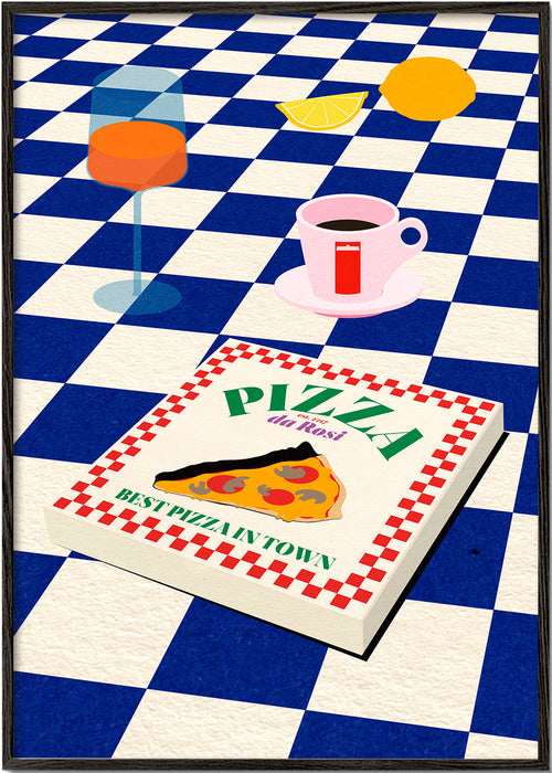 Kökskonst: pizza och kaffe på schackruta