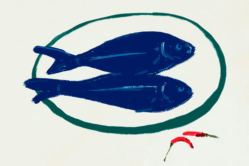 Kökskonst med blå fiskar och chili