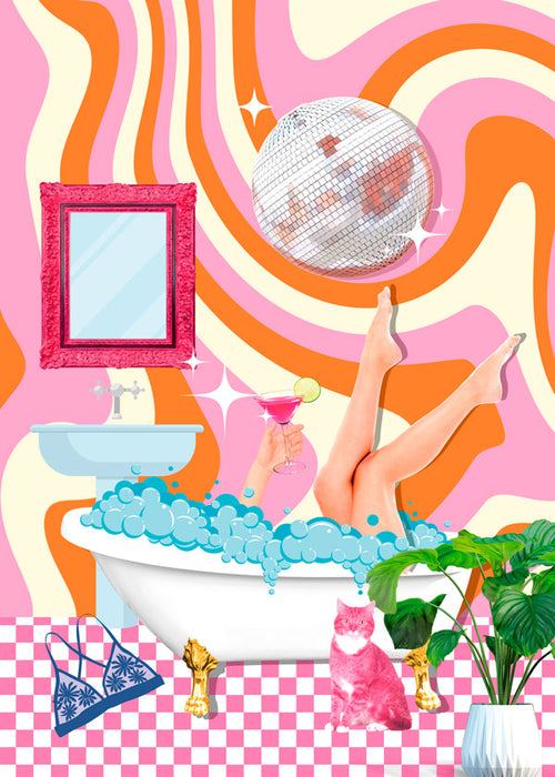 Pop-illustration med badkar och discokula
