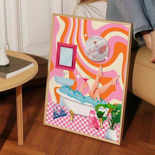 Pop-illustration med badkar och discokula