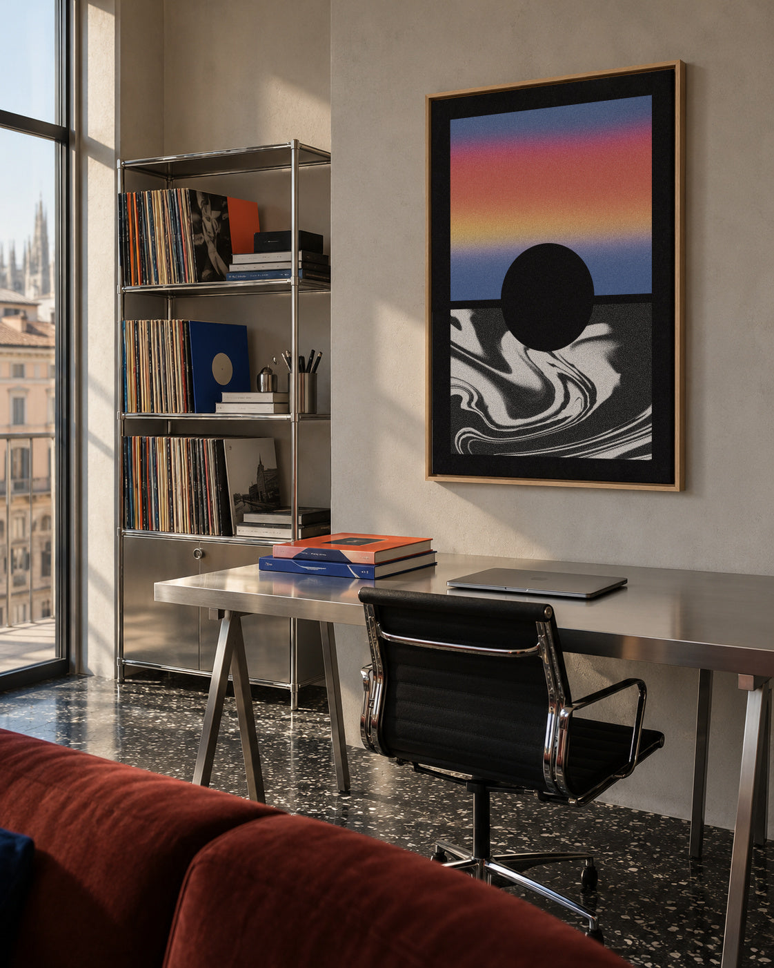 Black Worm Hole Gradient - Framed canvas in an interior