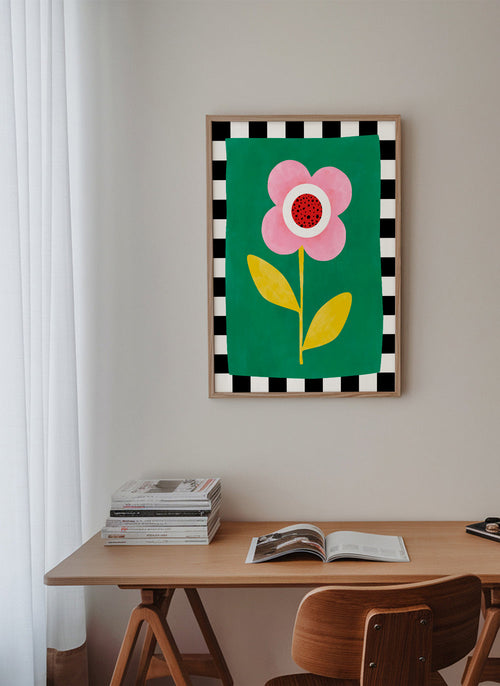 Botanisk poster: rosa blomma på grön bakgrund