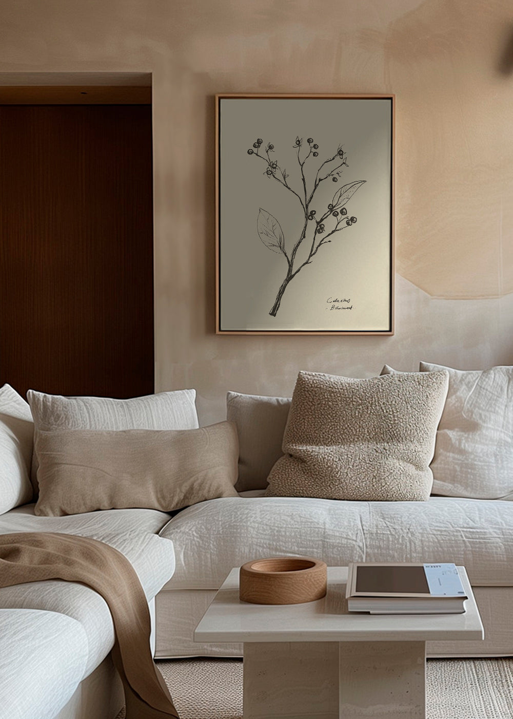 Botanisk poster: gren med bär på beige
