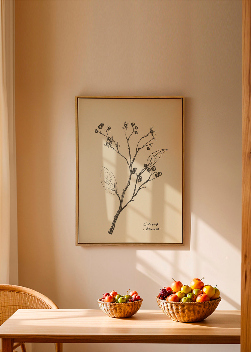 Botanisk poster: gren med bär på beige
