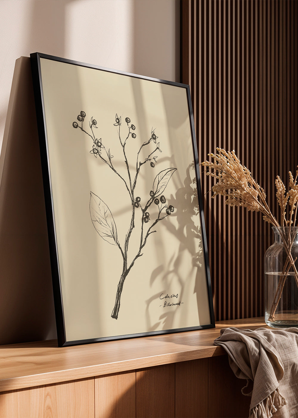 Botanisk poster: gren med bär på beige