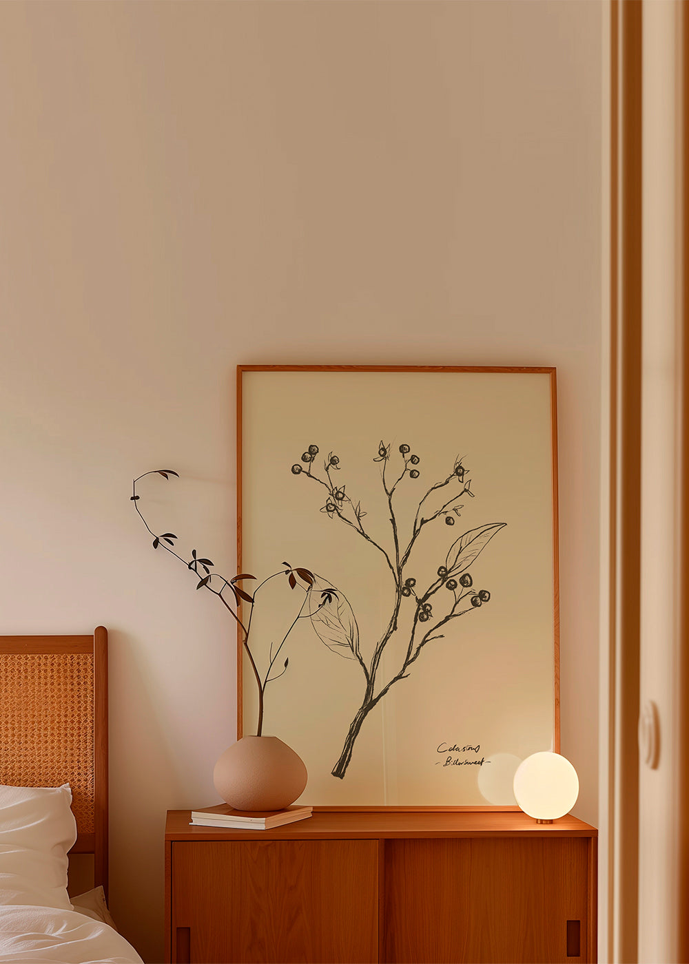 Botanisk poster: gren med bär på beige