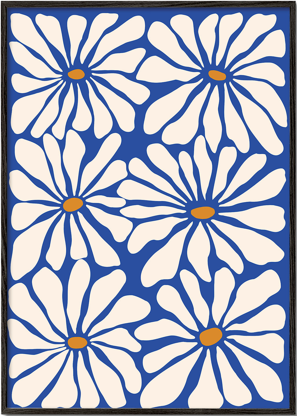 Botanisk poster vita prästkragar mot blå bakgrund