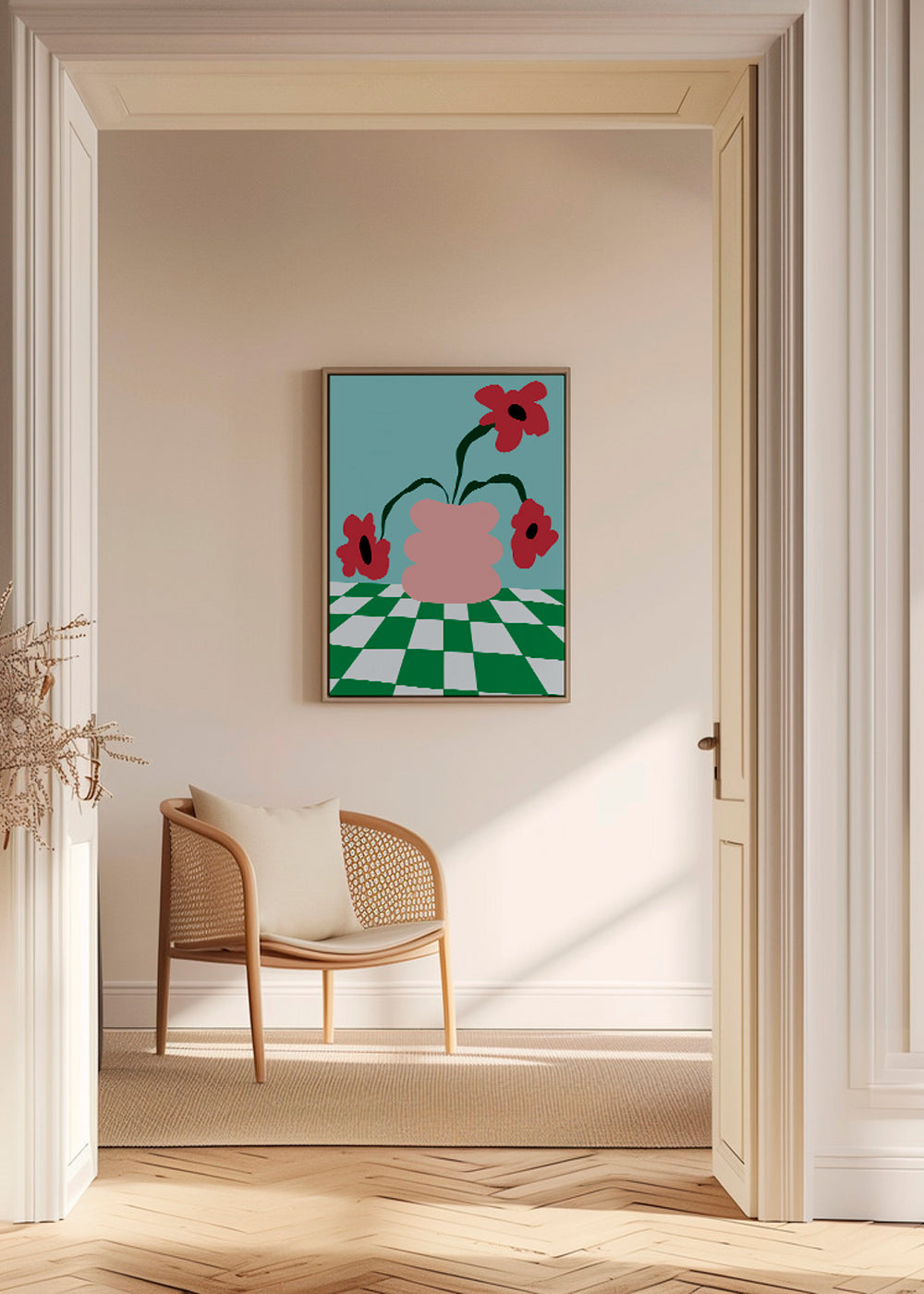 Botanisk poster med blommor i rosa vas