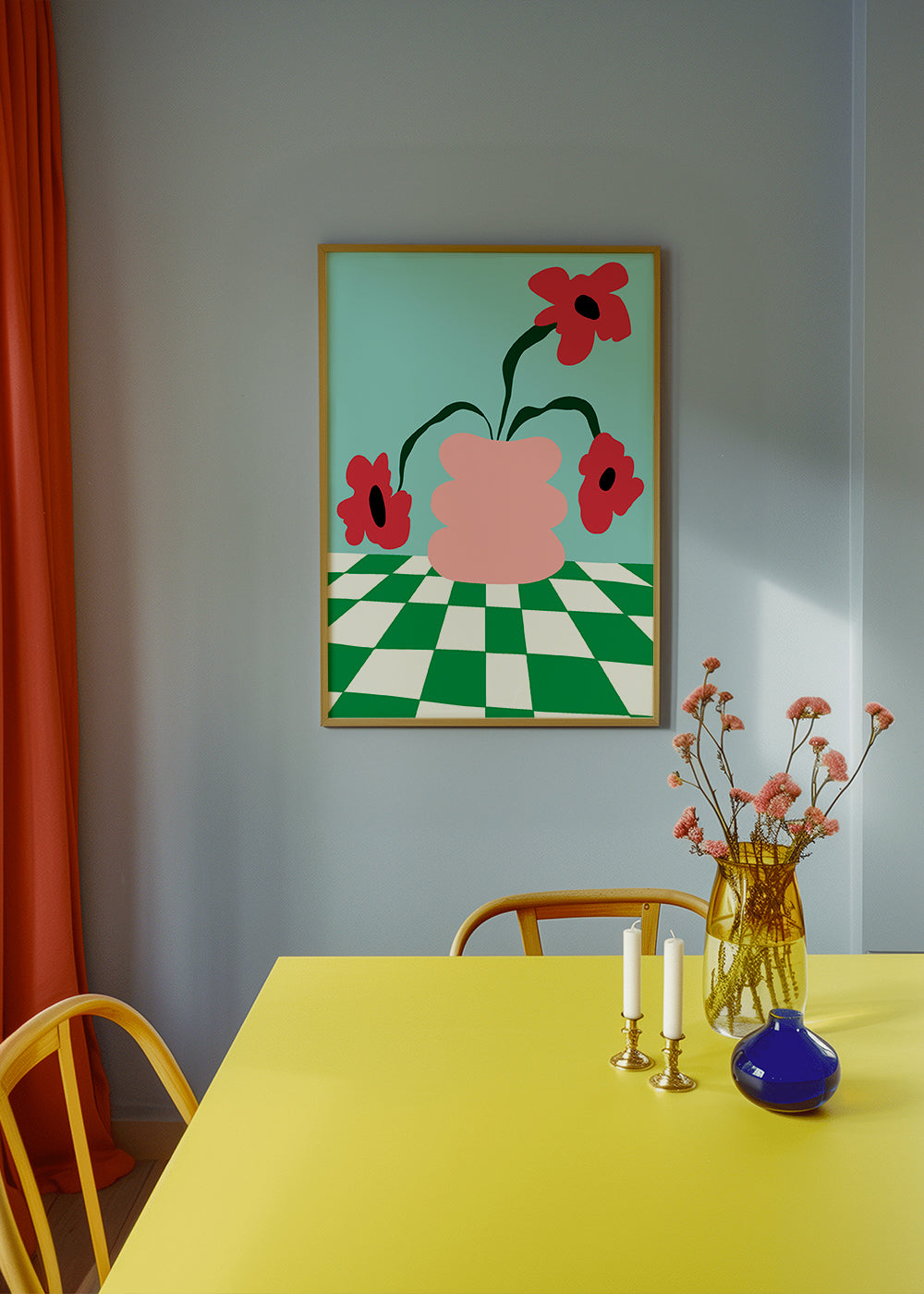 Botanisk poster med blommor i rosa vas