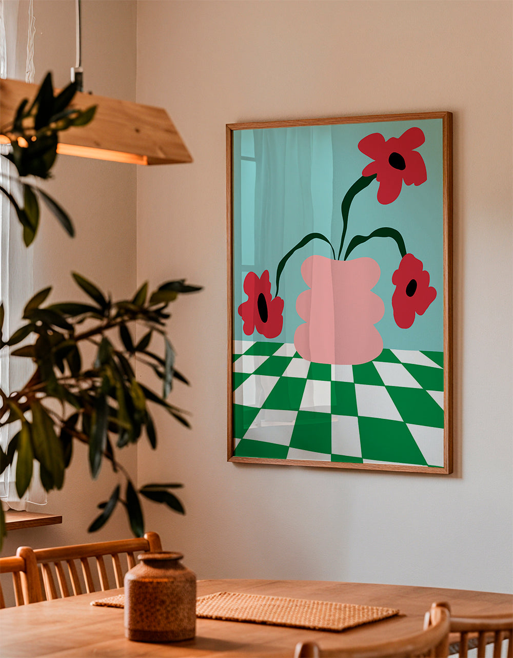 Botanisk poster med blommor i rosa vas