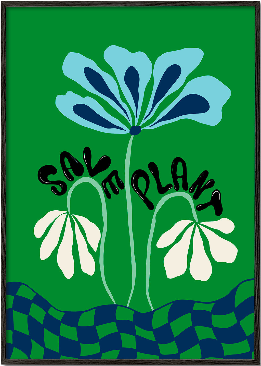 Botanisk poster: blå grafisk blomma på grönt
