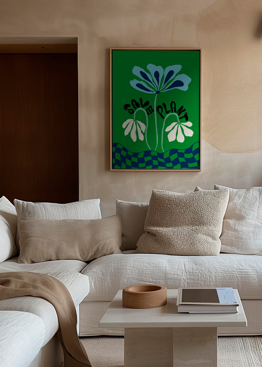 Botanisk poster: blå grafisk blomma på grönt