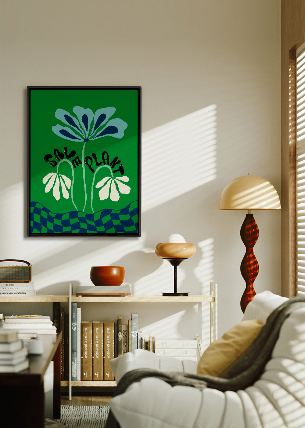 Botanisk poster: blå grafisk blomma på grönt
