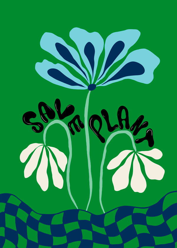 Botanisk poster: blå grafisk blomma på grönt