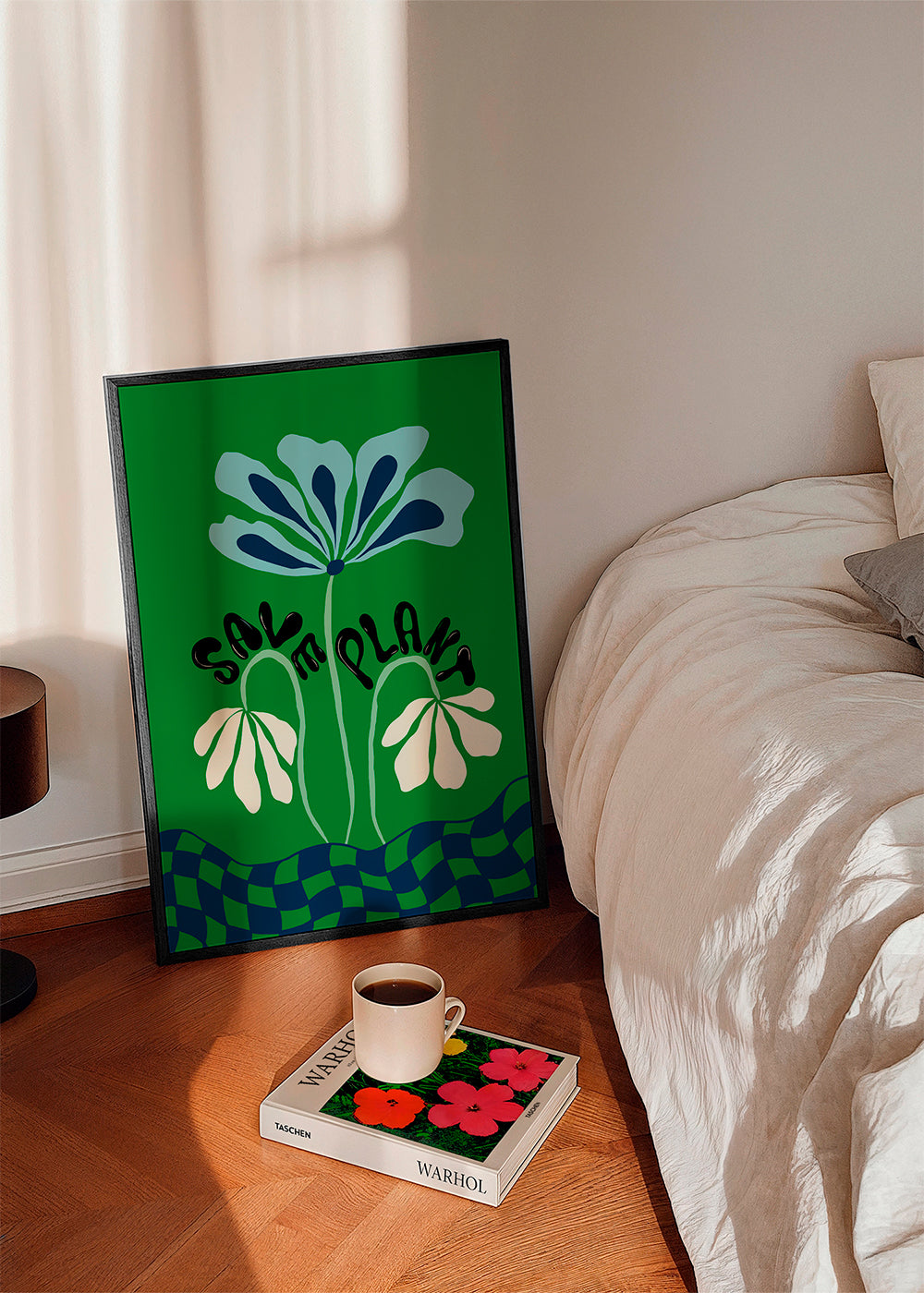 Botanisk poster: blå grafisk blomma på grönt