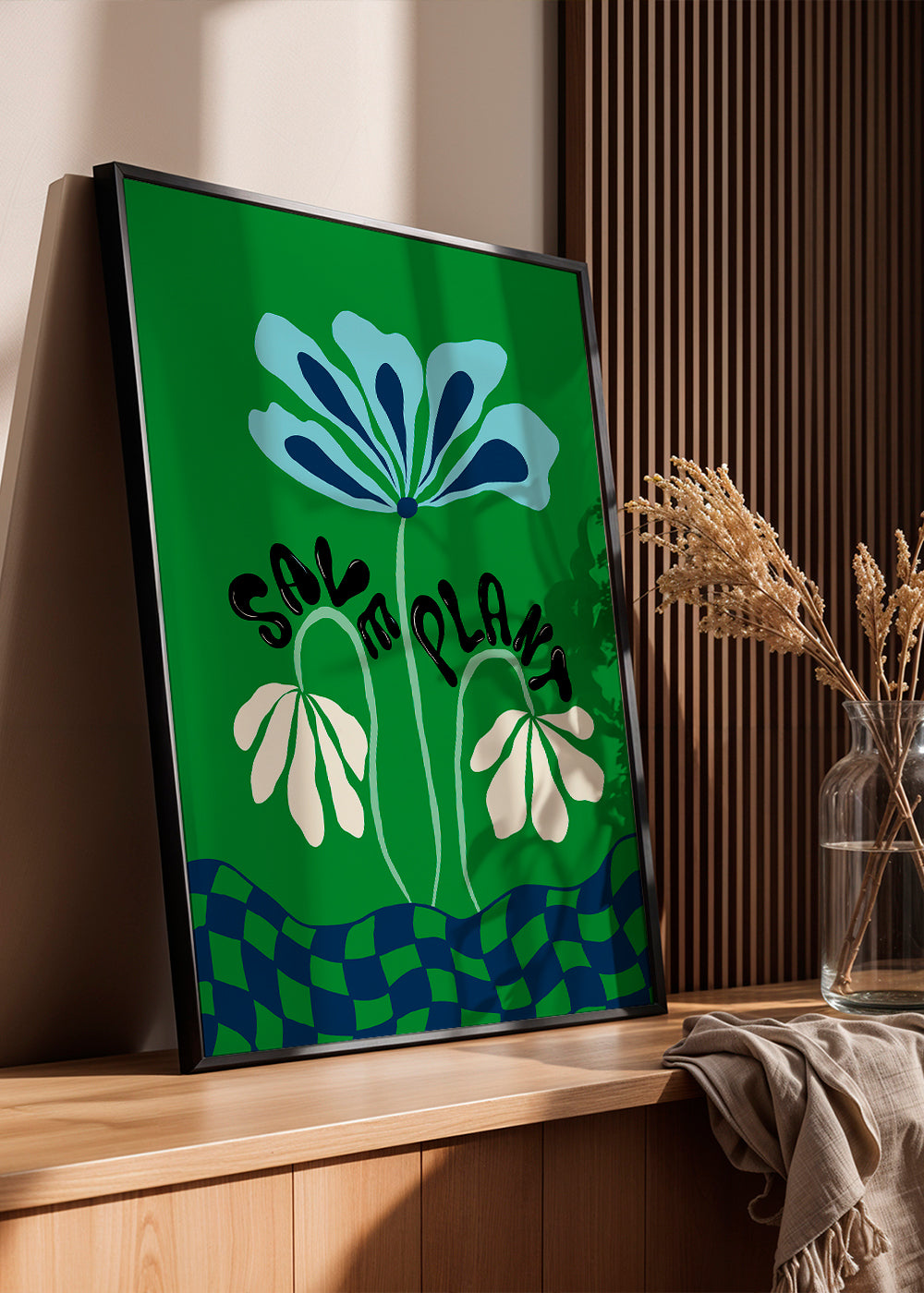 Botanisk poster: blå grafisk blomma på grönt