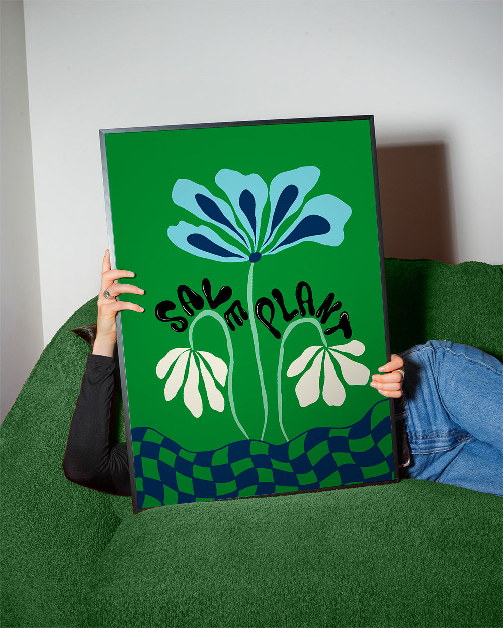 Botanisk poster: blå grafisk blomma på grönt
