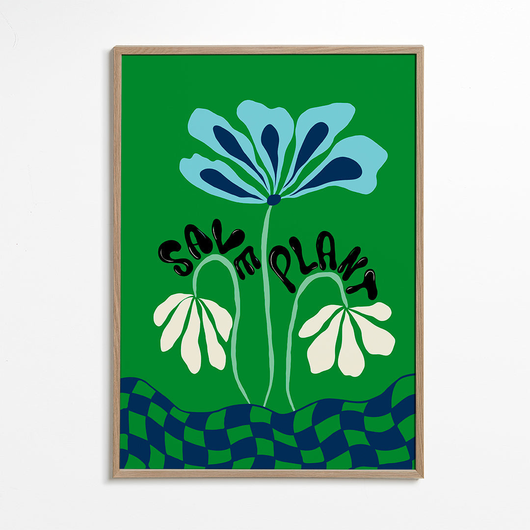 Botanisk poster: blå grafisk blomma på grönt