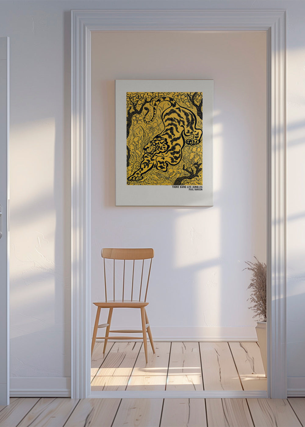 Konstverk tiger på gul bakgrund