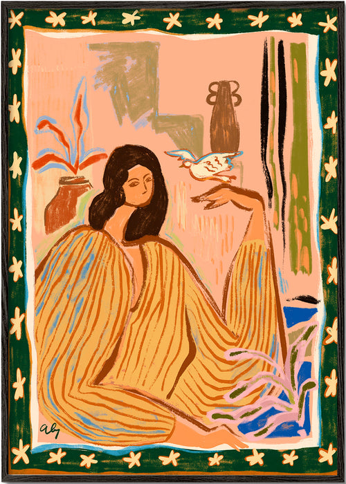 Illustration av kvinna med fågel och växter