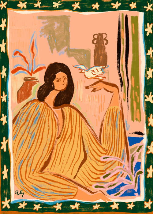 Illustration av kvinna med fågel och växter