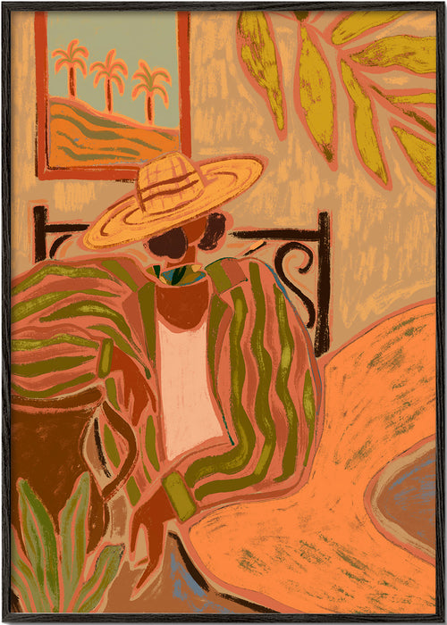 Botanisk poster: kvinna med hatt och blad