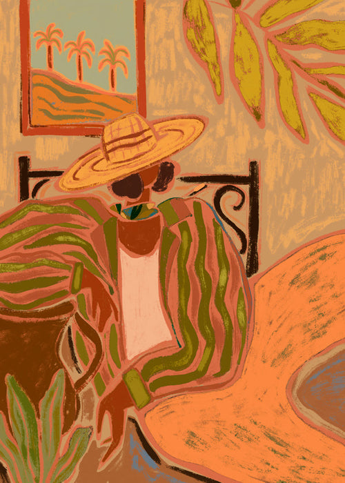 Botanisk poster: kvinna med hatt och blad
