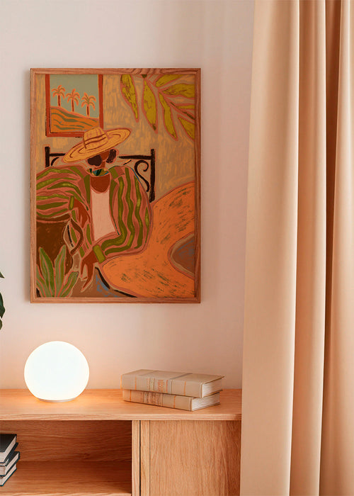 Botanisk poster: kvinna med hatt och blad