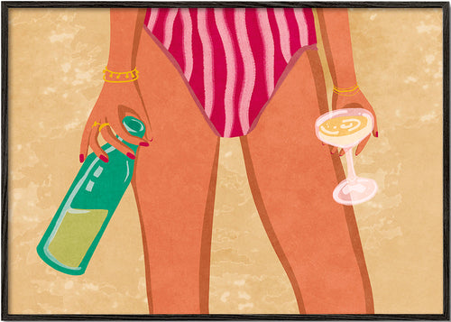 Illustration av kvinna med vin på stranden
