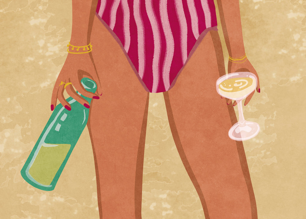 Girl with wine at the beach - Unframed art print