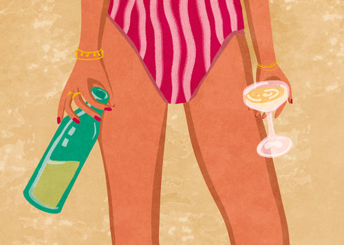 Illustration av kvinna med vin på stranden