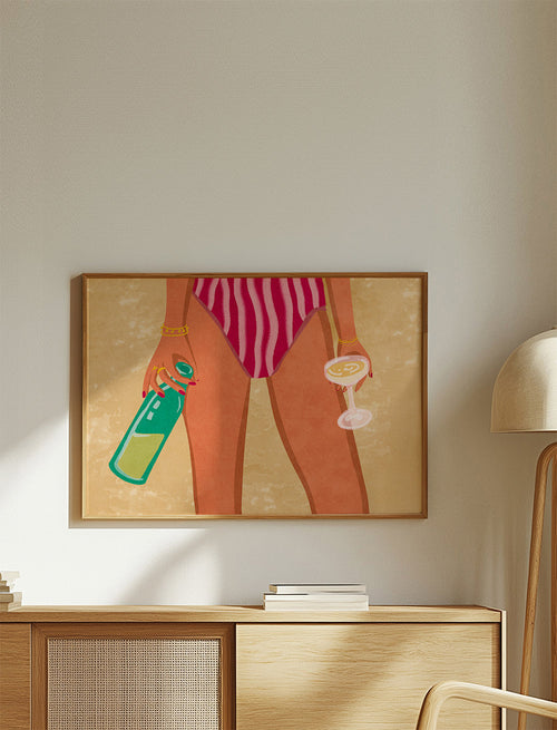Illustration av kvinna med vin på stranden
