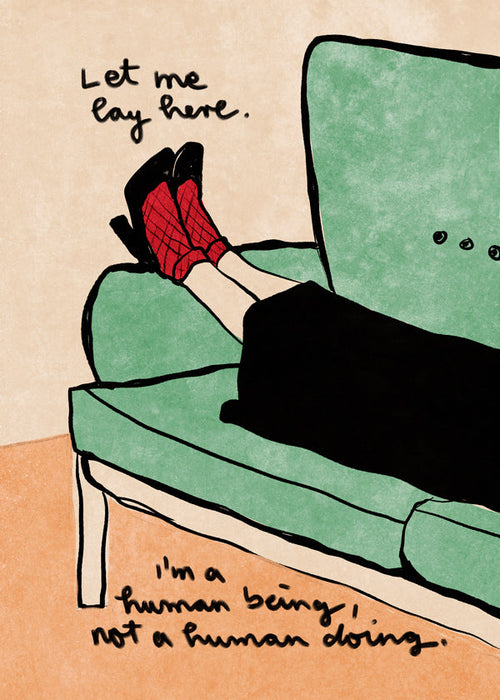 Illustration ben på soffa med handskriven text