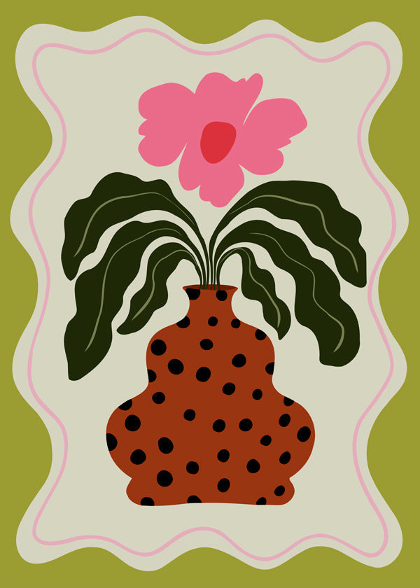 Botanisk poster med rosa blomma och prickig vas
