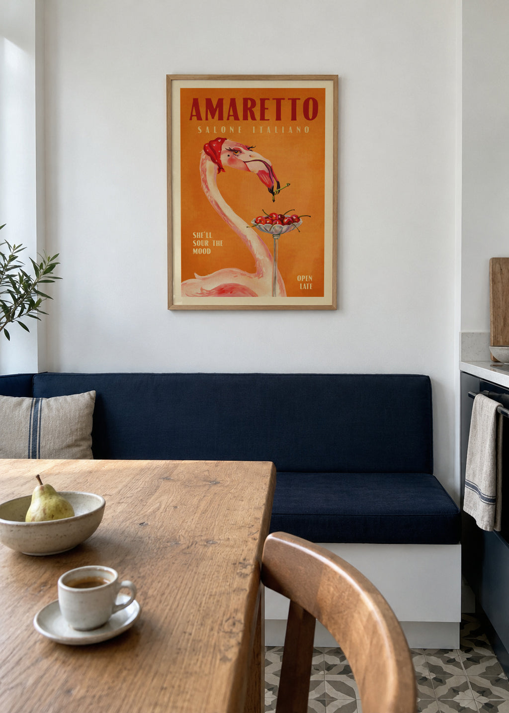 Amaretto Flamingo Art Deco Italian Cafe Travel Art - Framed poster in an interior