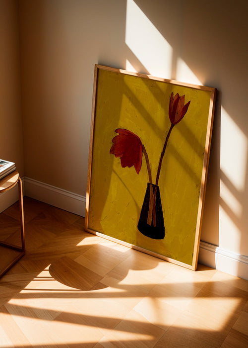 Botanisk poster med röda tulpaner på gult fält