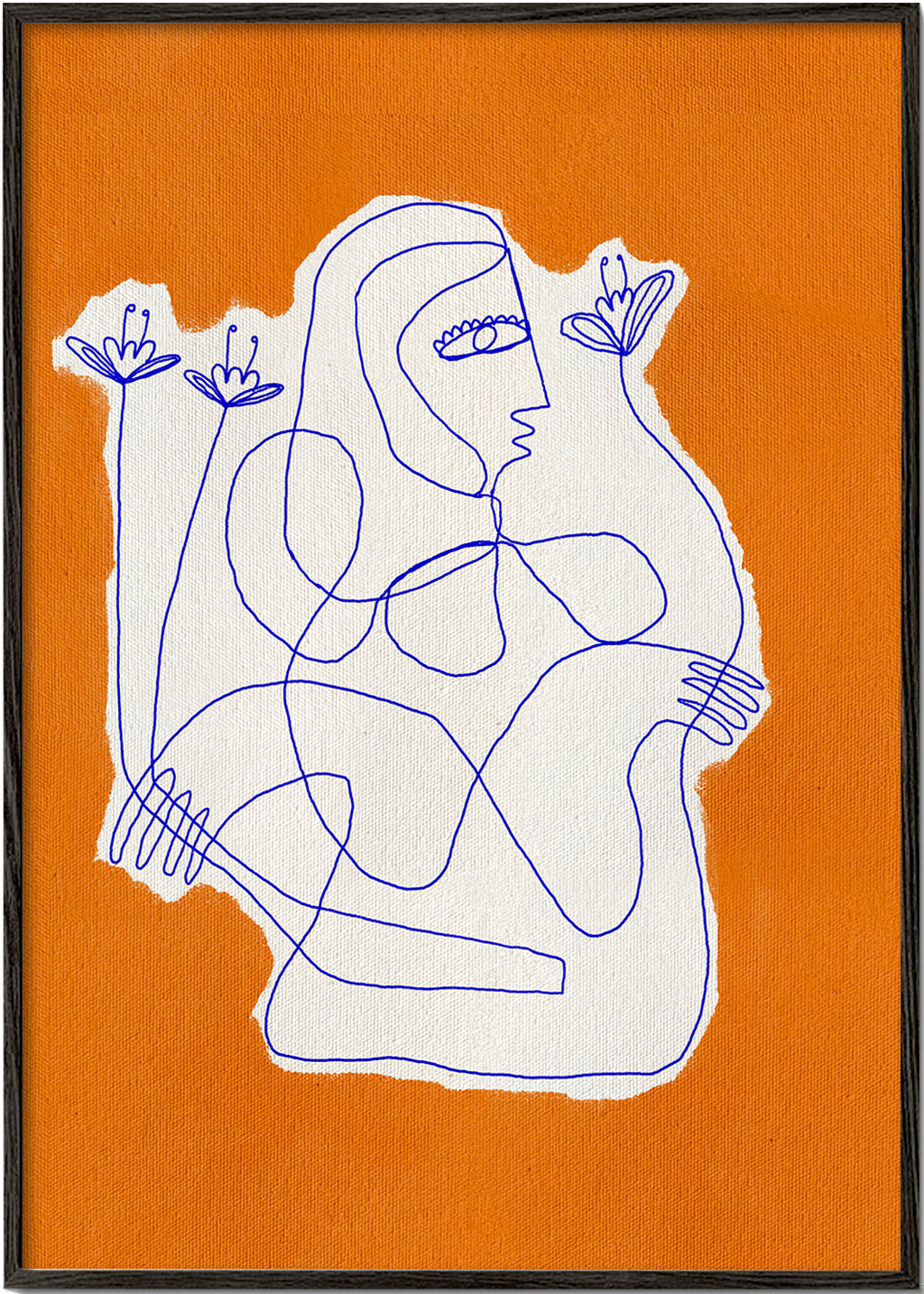 Illustration: linjefigur med blommor på orange